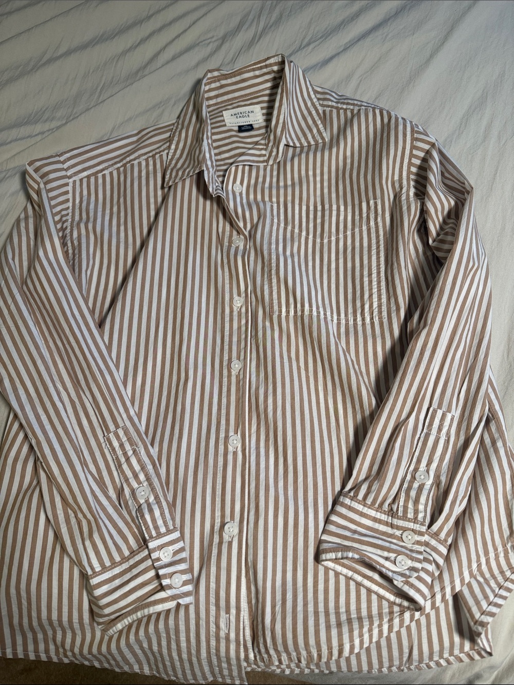 American Eagle Outfitters Beige and White Striped Long-Sleeve Button-Down Shirt
